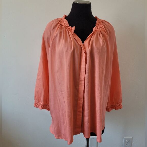 Intro Pink Blouse Plus Size XL Salmon Peach Top Shirt Ruffle Casual Lightweight - Picture 2 of 12